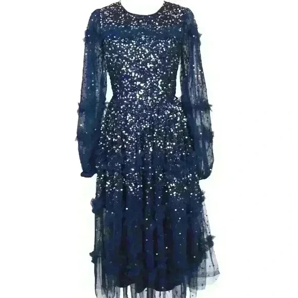 Maya Deluxe Navy Blue Sequin Party Midi Christmas/New Year's Party Dress - Picture 5 of 6